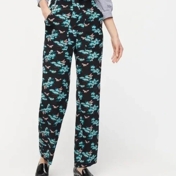 J Crew, NWT, 10, Silk Botanical Bees Print Black Pants - Picture 1 of 4